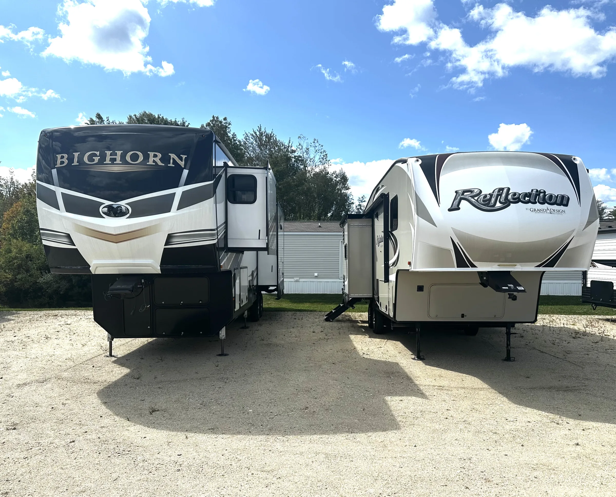 Consigned fifth wheels lined up on the Outpost Outfitters lot