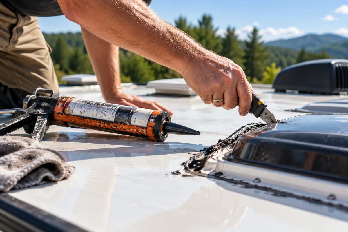 Technician resealing a roof vent on an RV
