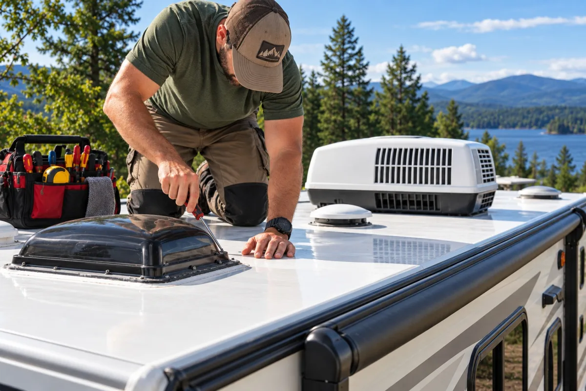 Technician working on an RV roof air conditioner