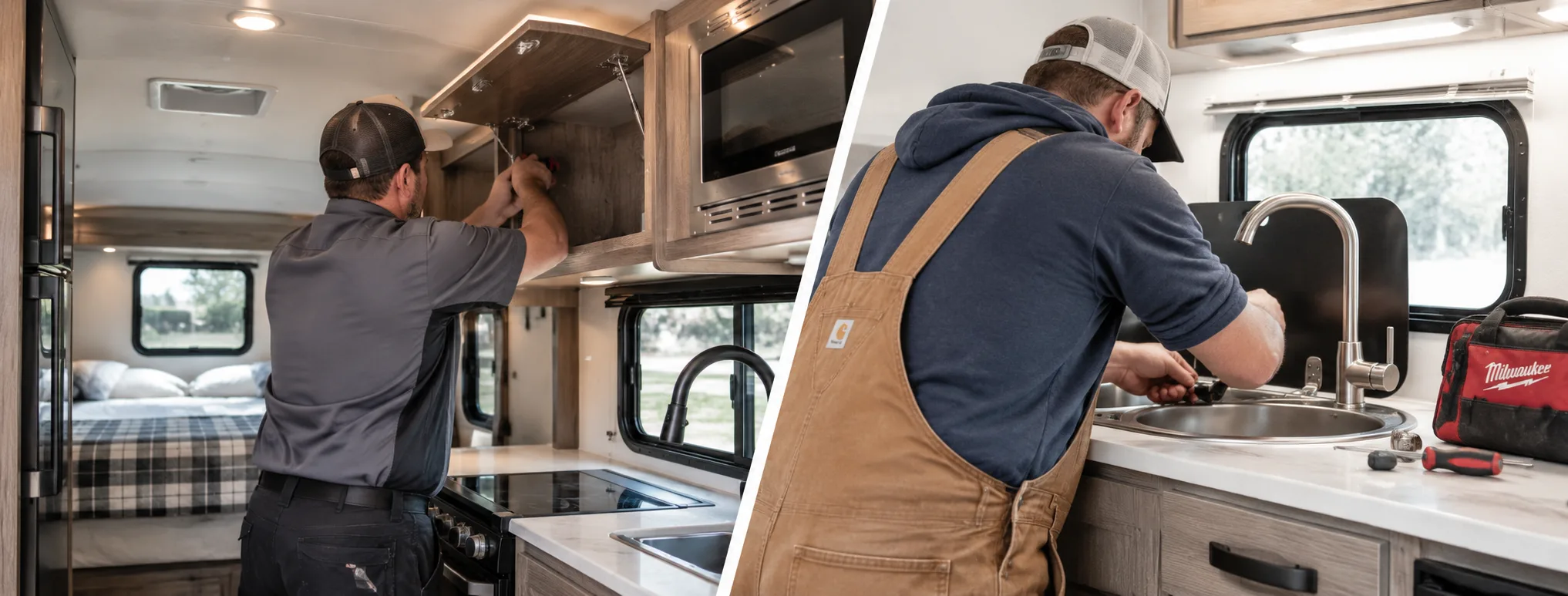 Outpost Outfitters technicians repairing an overhead cabinet and a galley faucet inside a camper