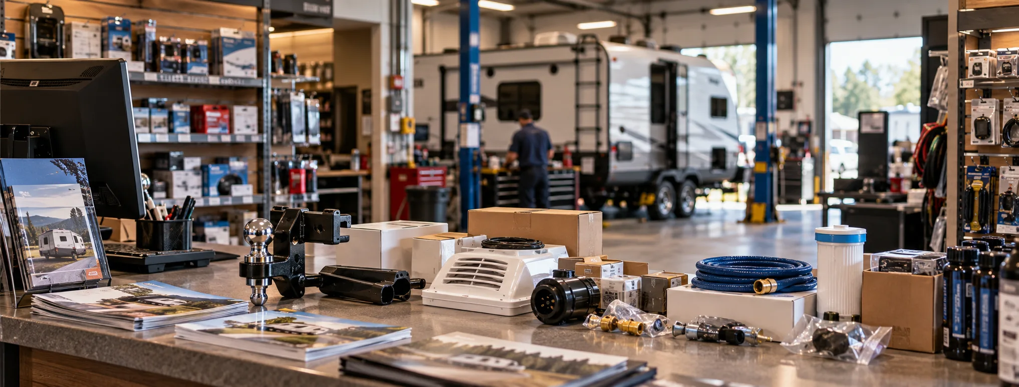 Outpost Outfitters parts counter with a technician working on a travel trailer in the service bay behind
