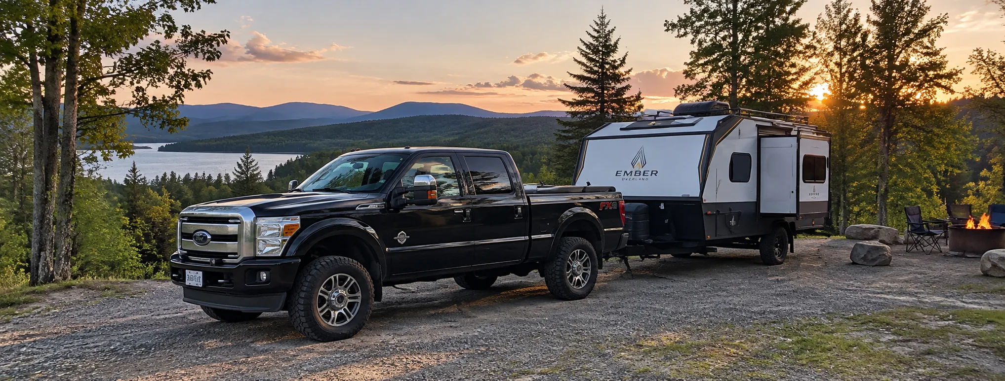 Pickup truck towing an Ember Overland travel trailer at a lakeside campsite at sunset