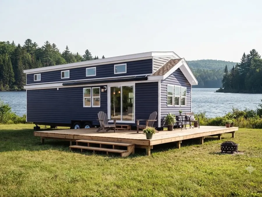 Kropf park model home with a large wooden deck overlooking a Maine lake
